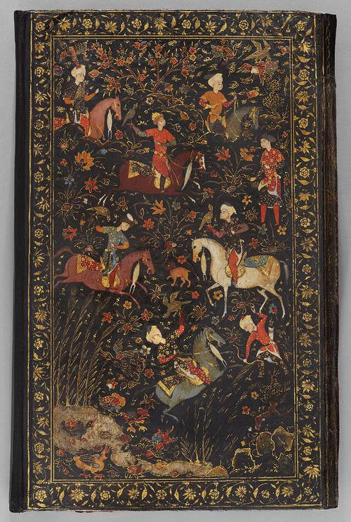  Back cover of dark brown bookbinding, painted with a forest-scene filled with hunting horsemen, hounds, falcons, deer, ducks, and a lone musician.   